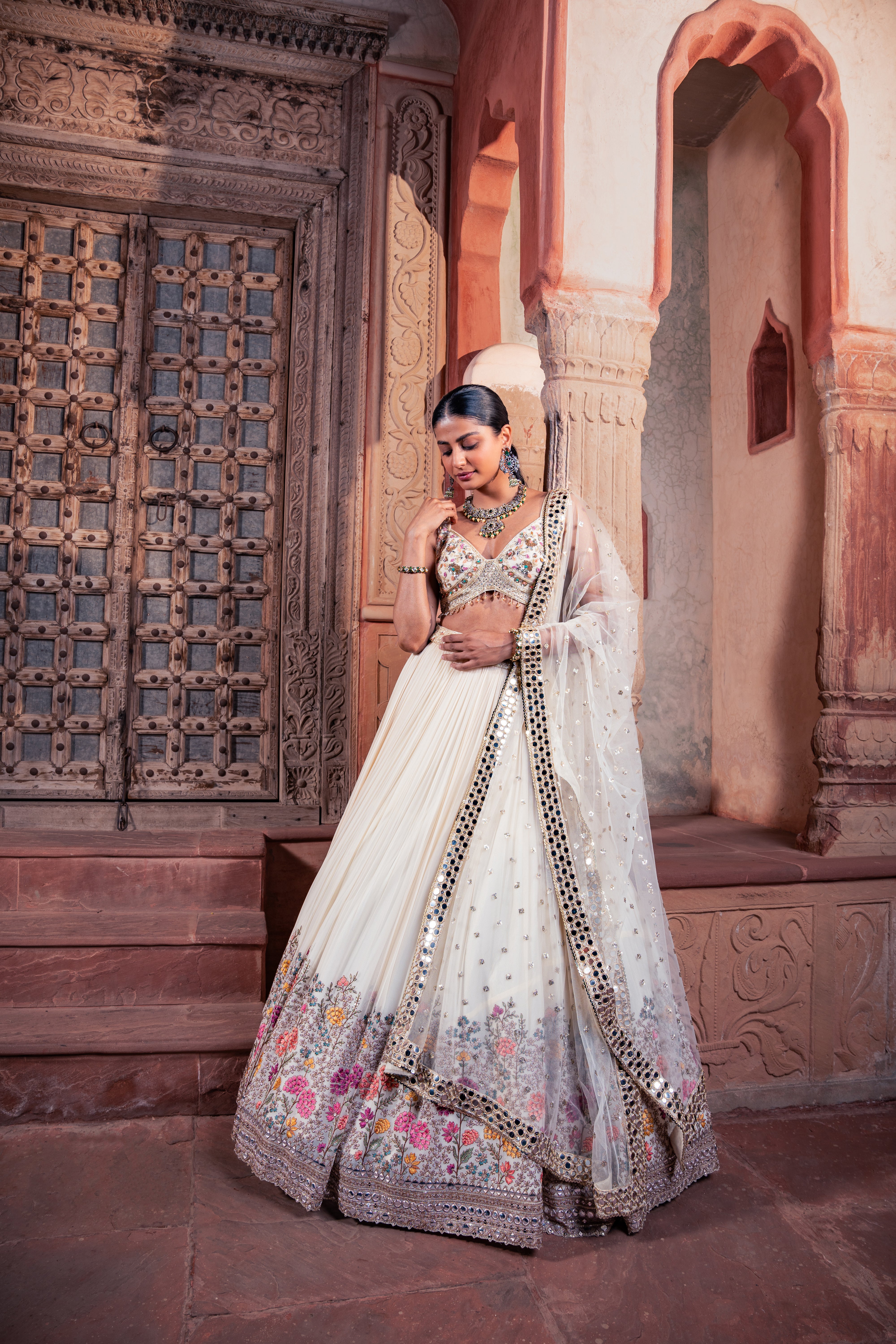 Beige Net & Viscose Georgette Resham Work Lehenga Set