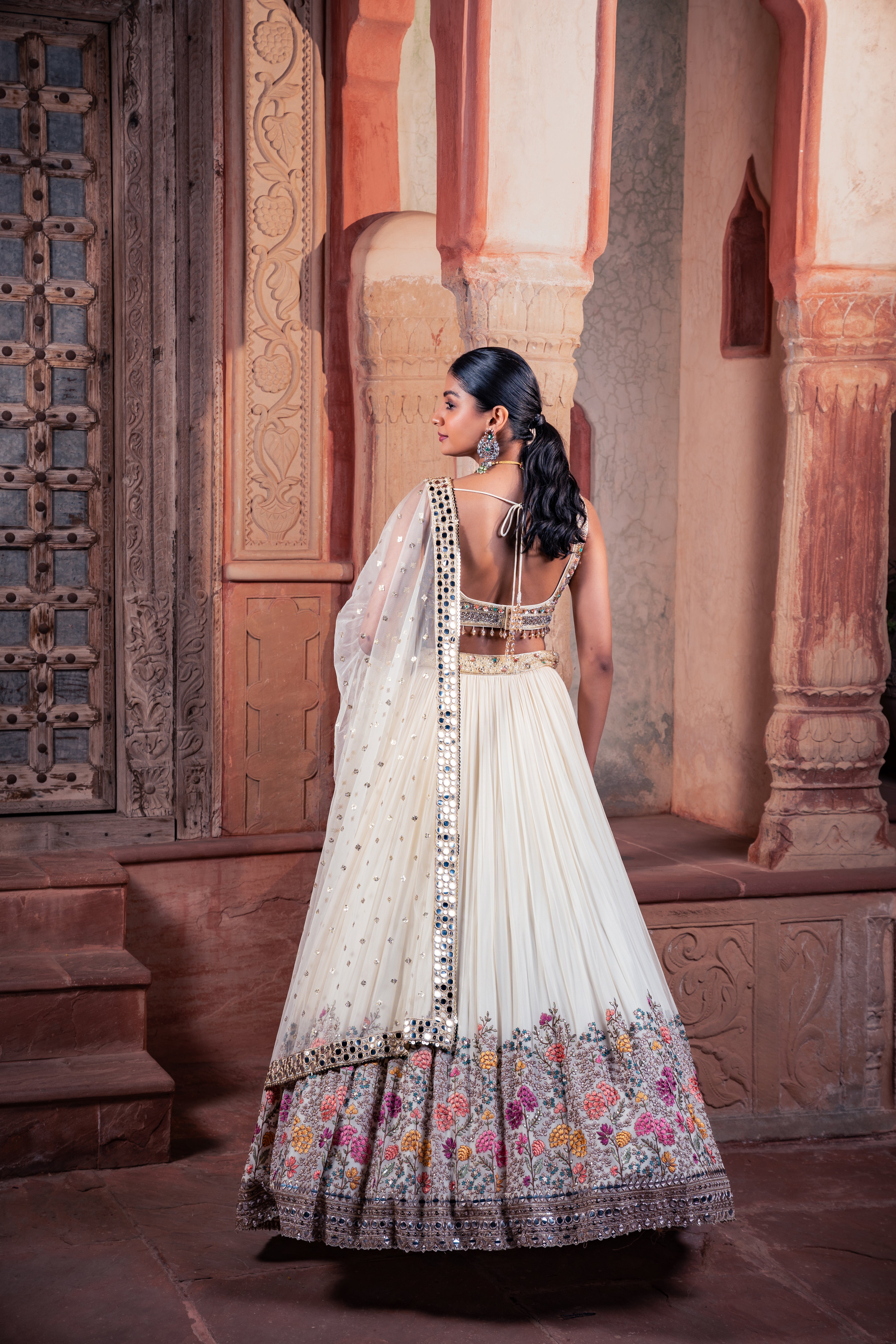 Beige Net & Viscose Georgette Resham Work Lehenga Set