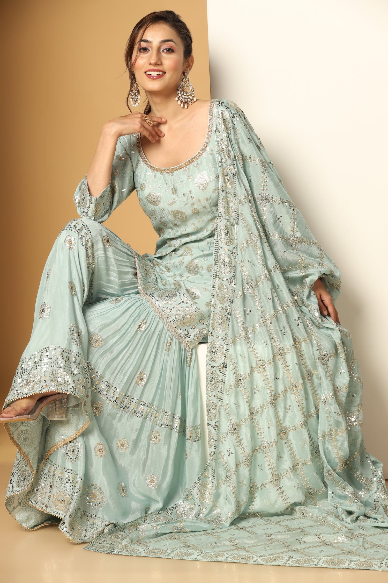 Sequin Floral Sharara Set – Blooming Garden Party Wear Look