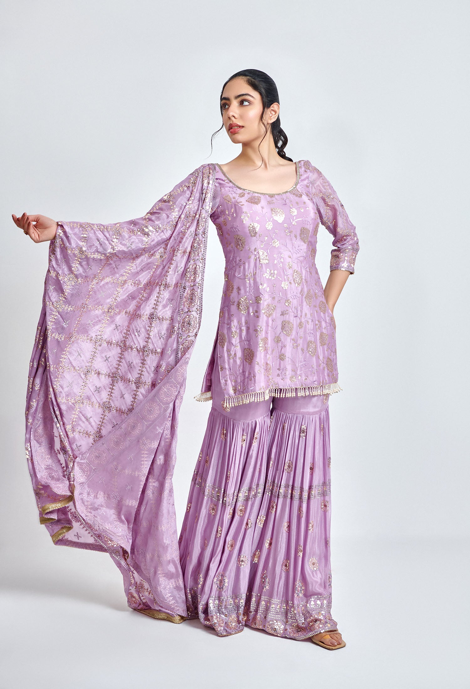 Purple and Gold Embroidered Sharara Set for Wedding & Festive Wear