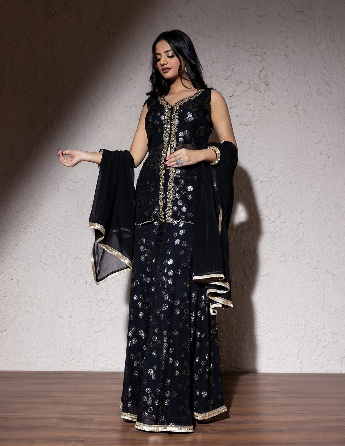 Color Patch & Dori Sequin Suit Set with Net Dupatta – Ethnic Wear