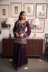 Purple V-Neck Embroidered Kurta And Sharara Set