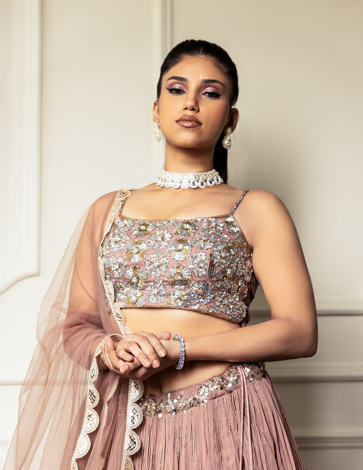 Rose Gold Net Hand Embroidered Bead Round Sequin Pleated Lehenga