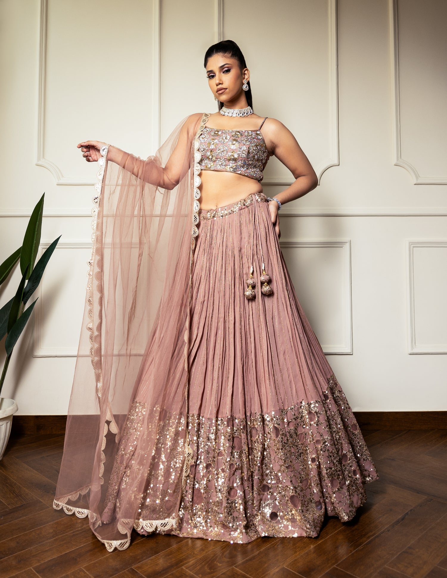 Rose Gold Net Hand Embroidered Bead Round Sequin Pleated Lehenga