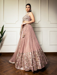 Rose Gold Net Hand Embroidered Bead Round Sequin Pleated Lehenga