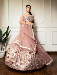 Rose Gold Net Hand Embroidered Bead Round Sequin Pleated Lehenga