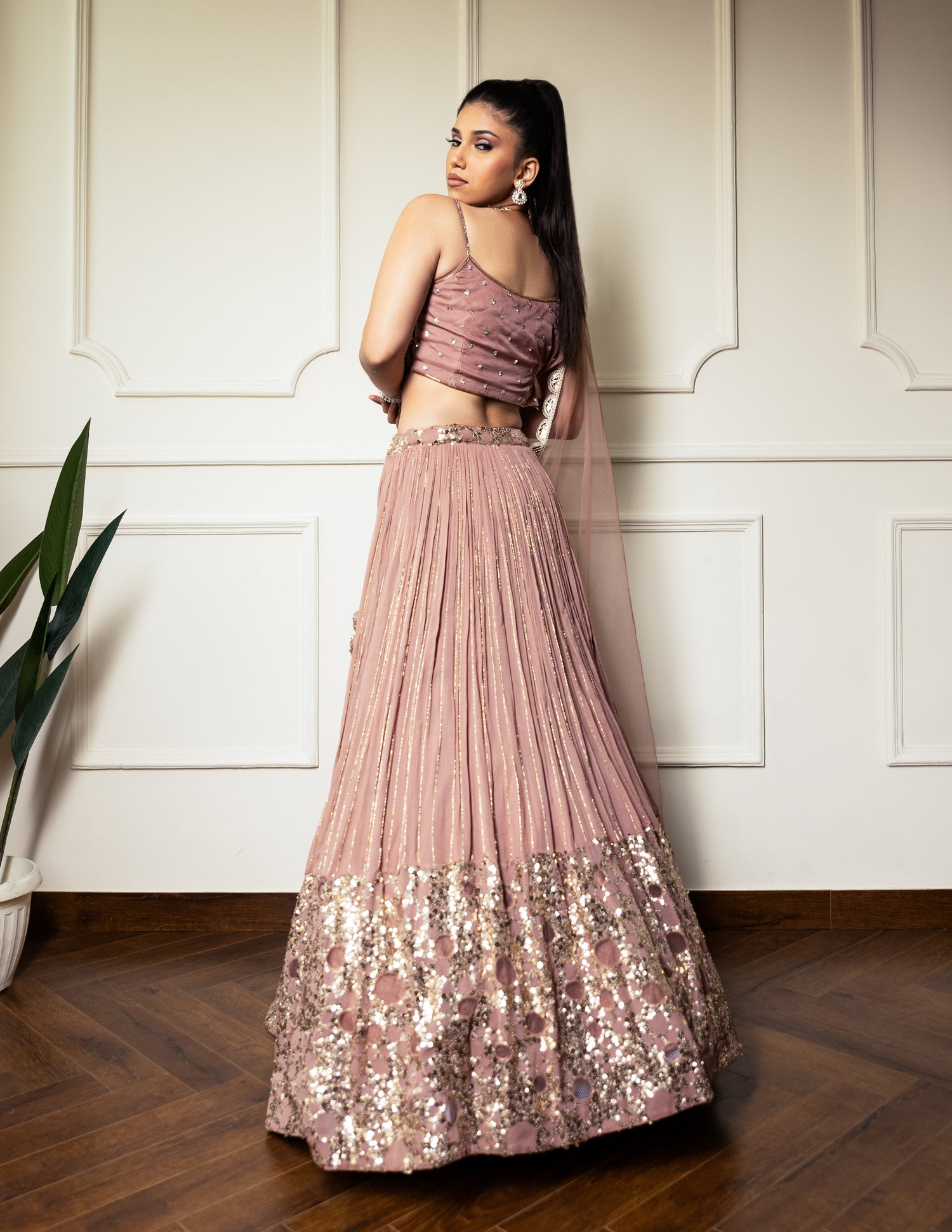 Rose Gold Net Hand Embroidered Bead Round Sequin Pleated Lehenga