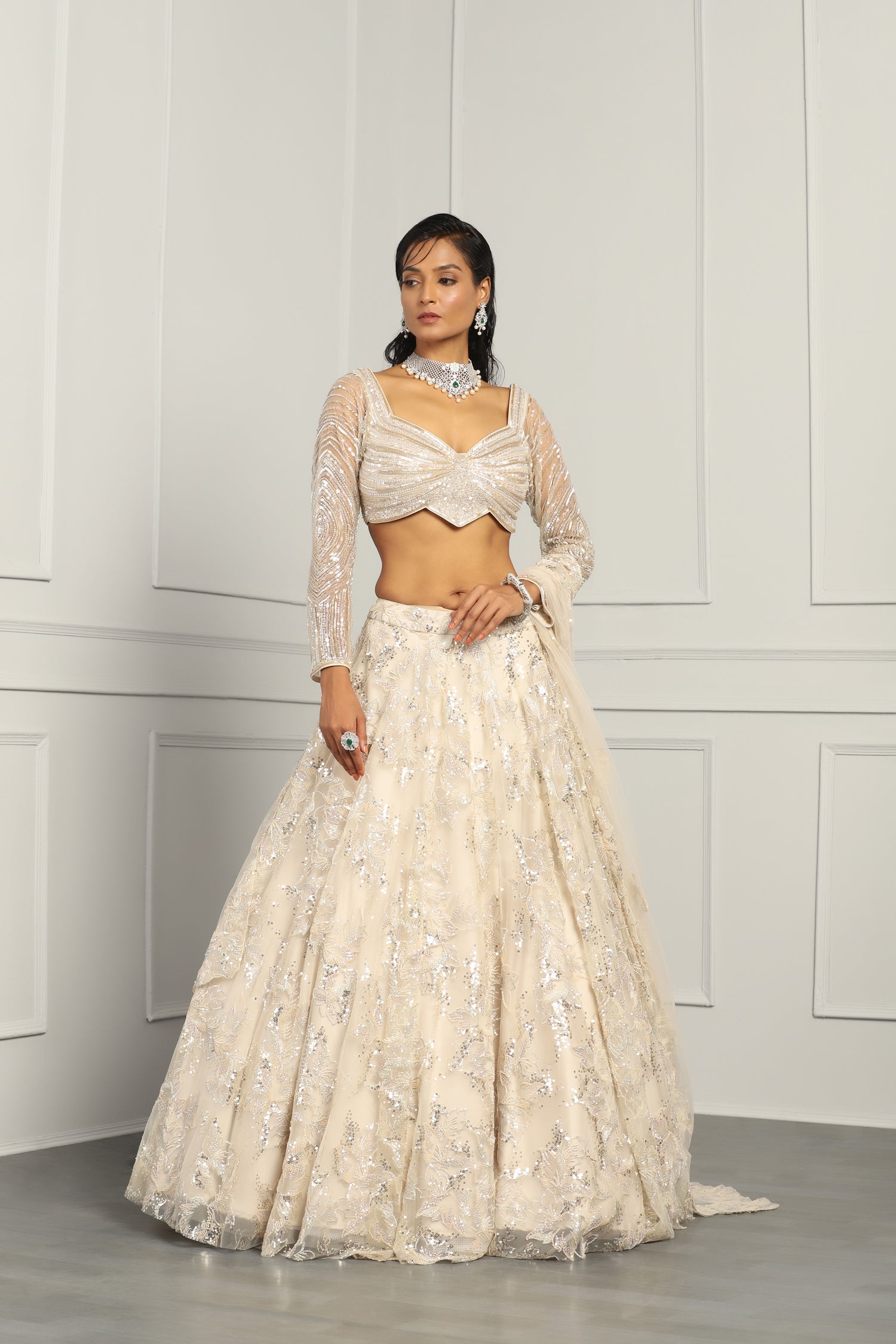 Sequin And Beads Work Ivory Lehenga