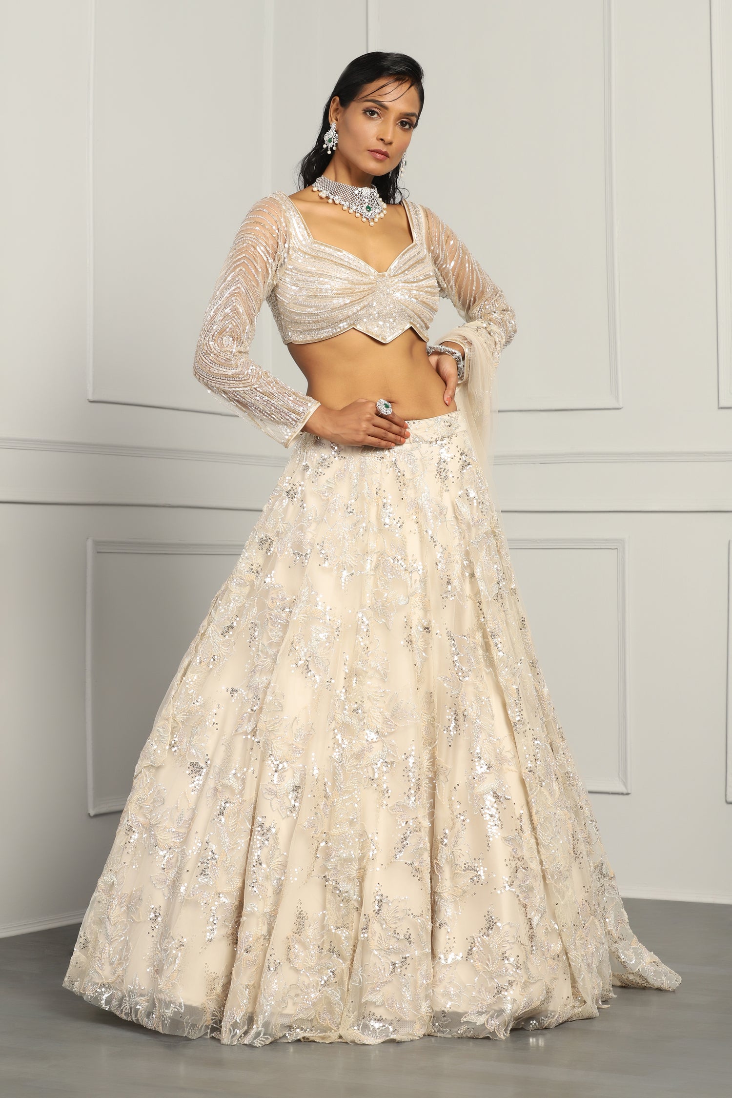 Sequin And Beads Work Ivory Lehenga