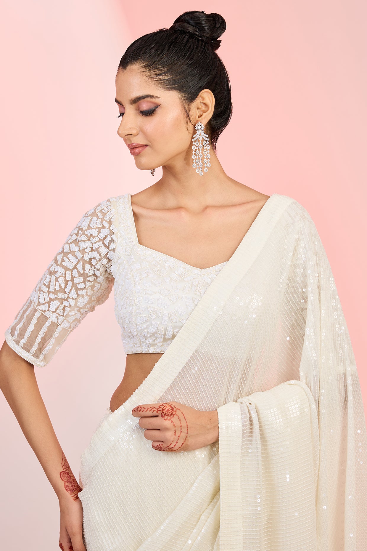Ivory Georgette Sequins & Cutdana Hand Embellished Saree