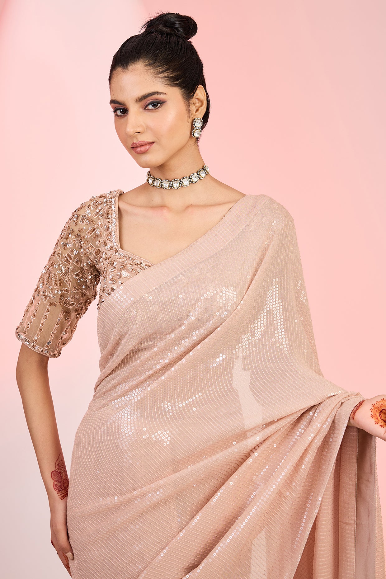 Rose Gold Georgette Sequins & Cutdana Hand Embellished Saree