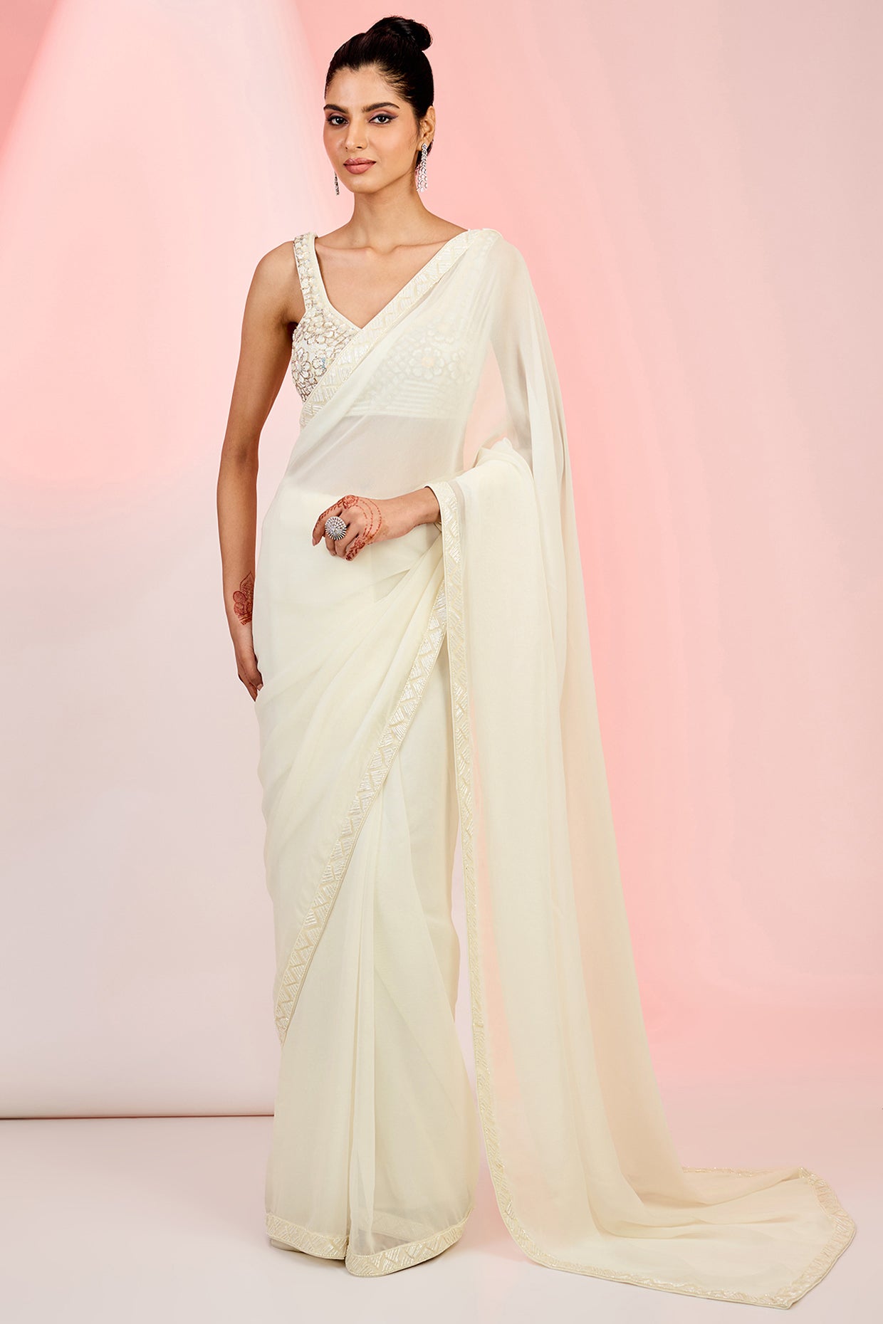 Ivory Georgette Cutdana & Sequins Hand Embellished Saree