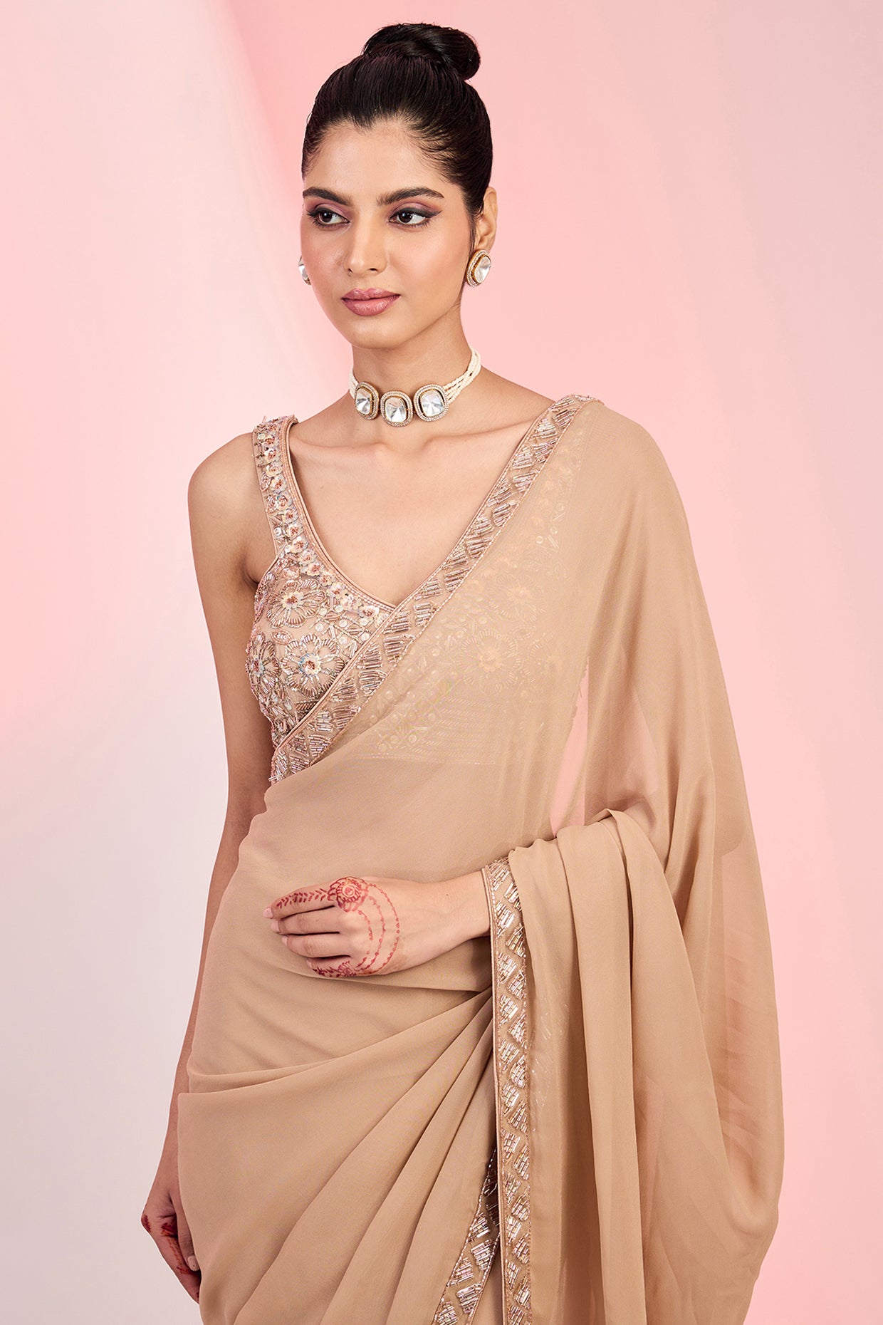 Fawn Georgette Cutdana & Sequins Hand Embellished Saree