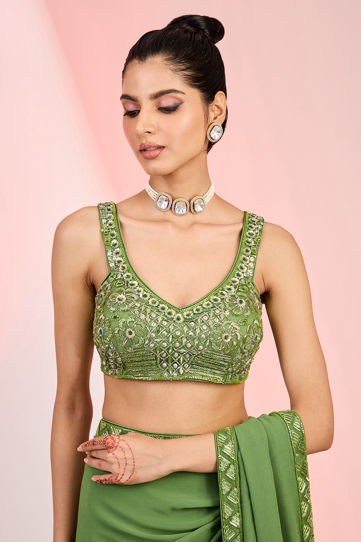 Mehendi Green Georgette Cutdana & Sequins Hand Embellished Saree