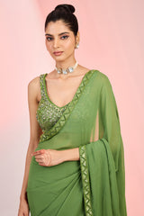 Mehendi Green Georgette Cutdana & Sequins Hand Embellished Saree