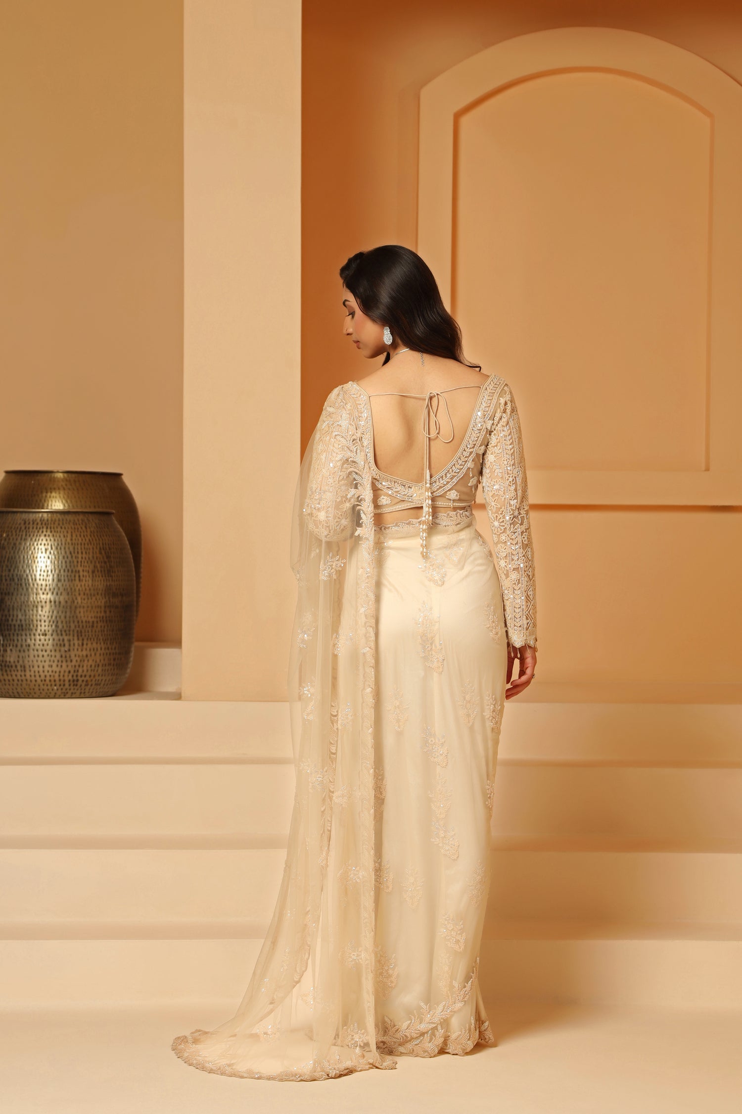 Net cutdana and beads work saree