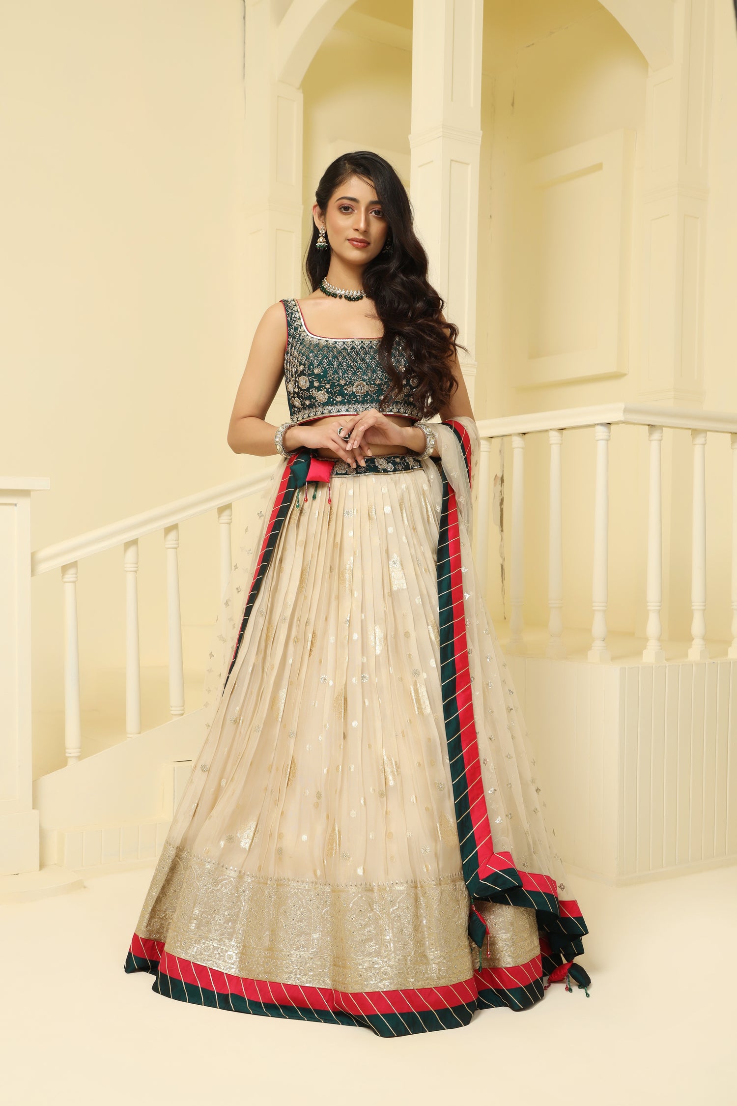 Gold and green embroided Tissue  lehenga