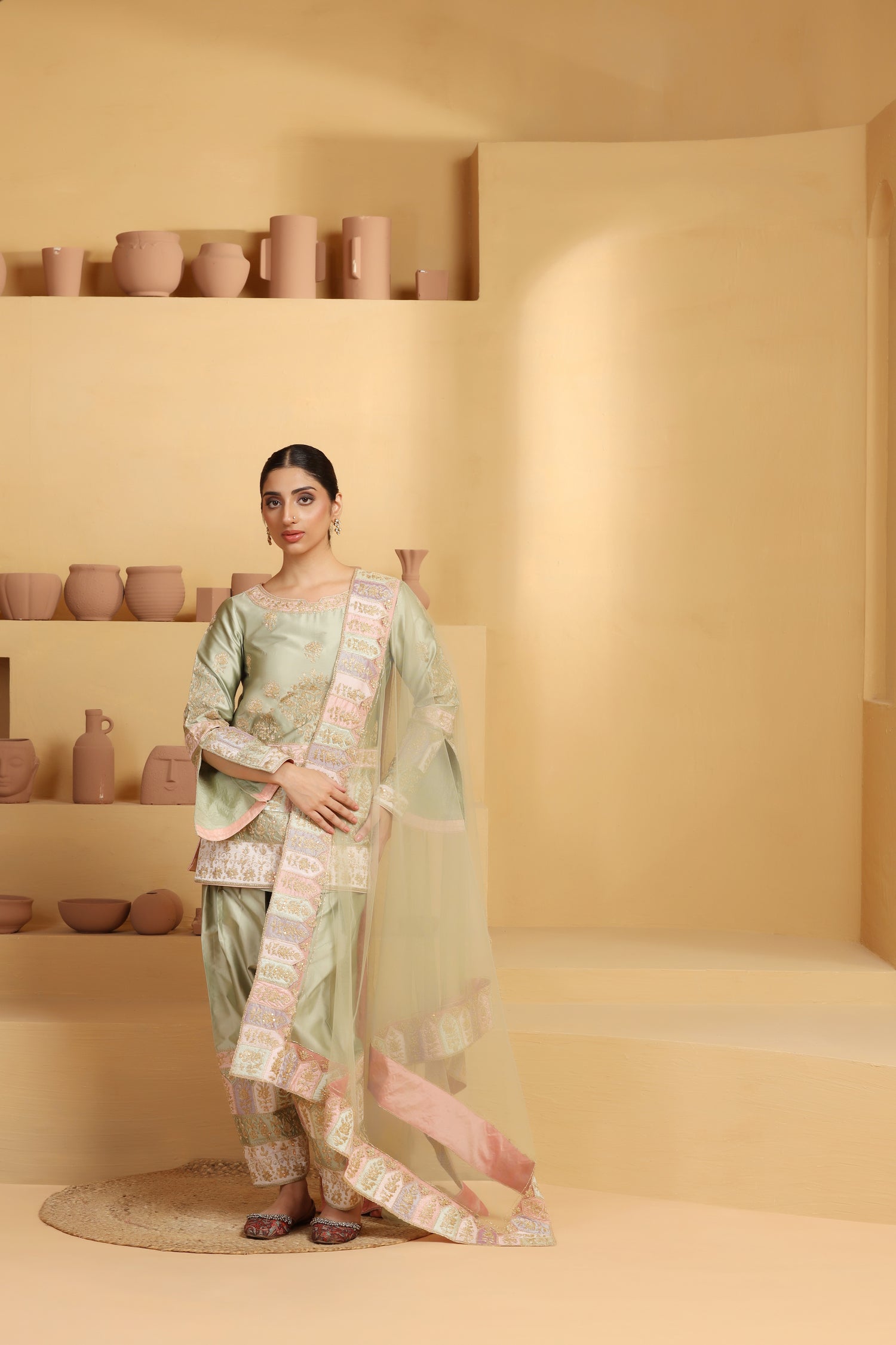 Color Patch & Dori Sequin Suit Set with Net Dupatta – Festive Look
