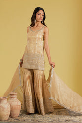 Peach Tissue Embroidered Gharara Set