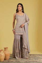Grey Tissue Embroidered Gharara Set