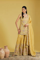 Mustard Tissue Embroidered Gharara Set