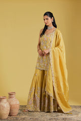 Mustard Tissue Embroidered Gharara Set