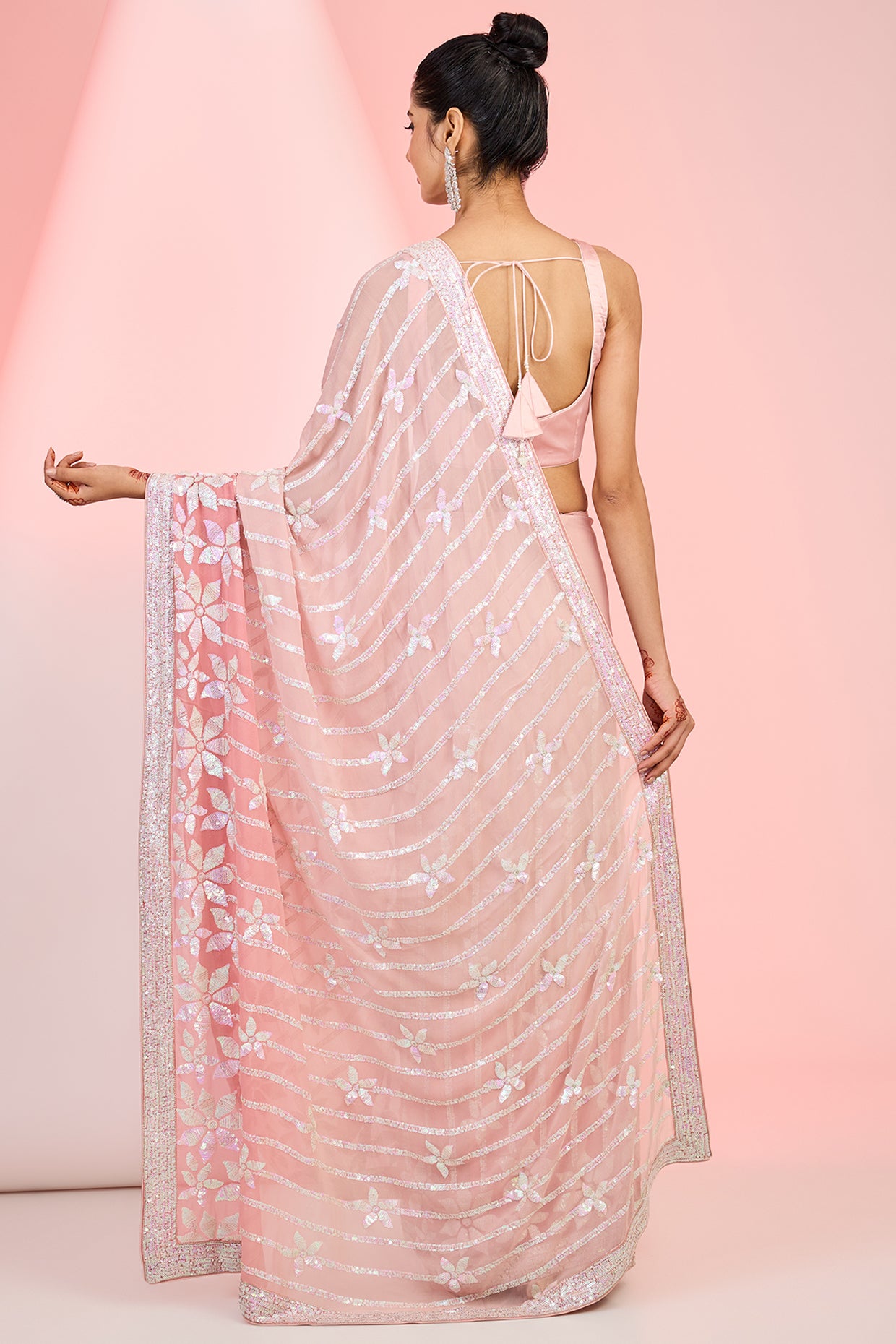 Peachy Pink Georgette Sequins Embroidered Saree