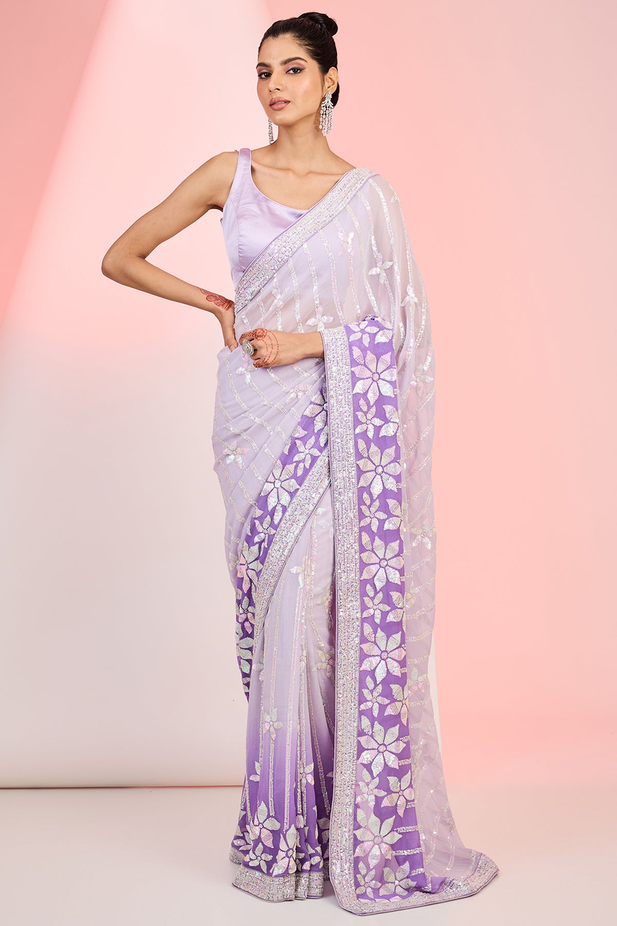 Purple Georgette Sequins Embroidered Ombre Saree