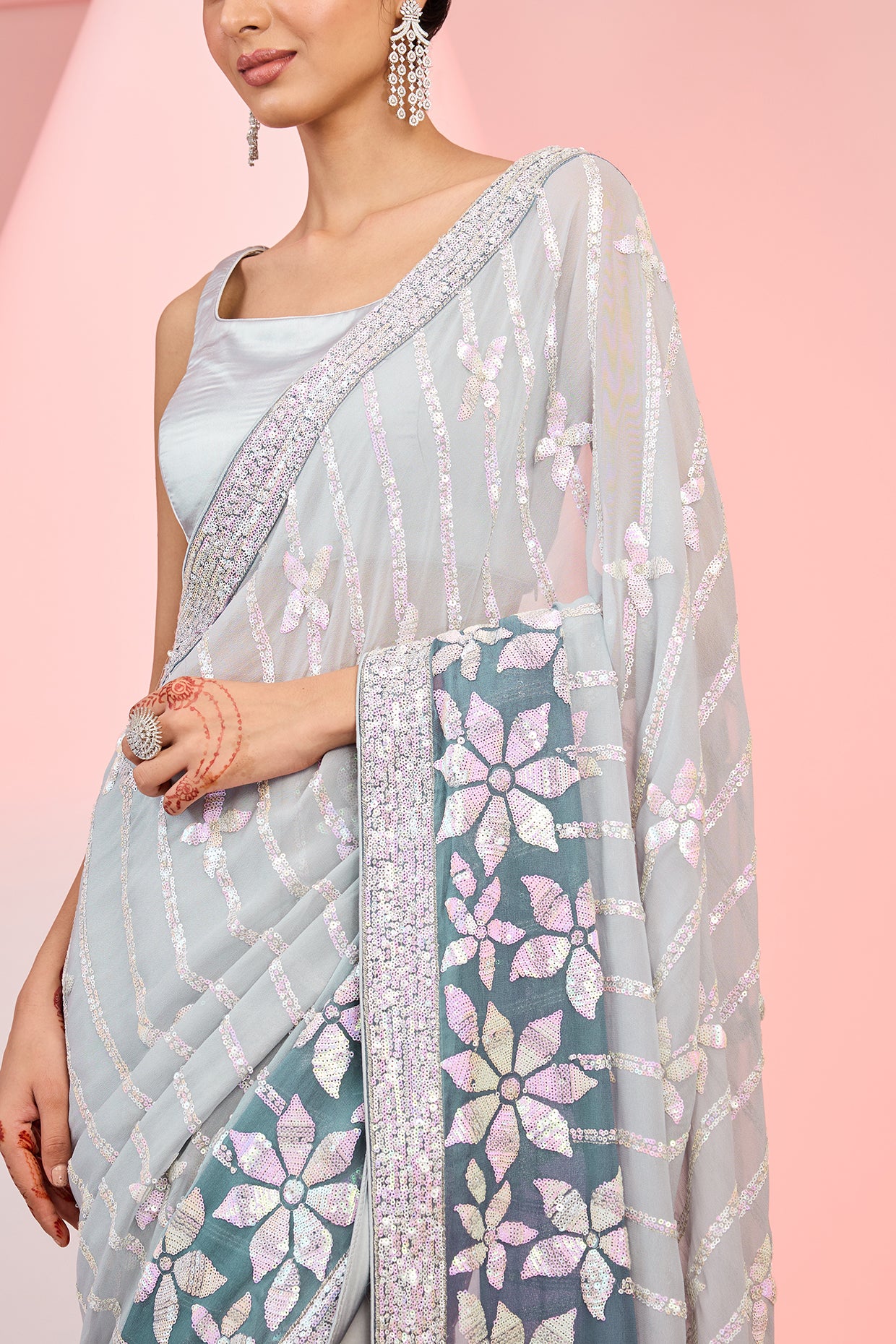 Grey Georgette Sequins Embroidered Ombre Saree