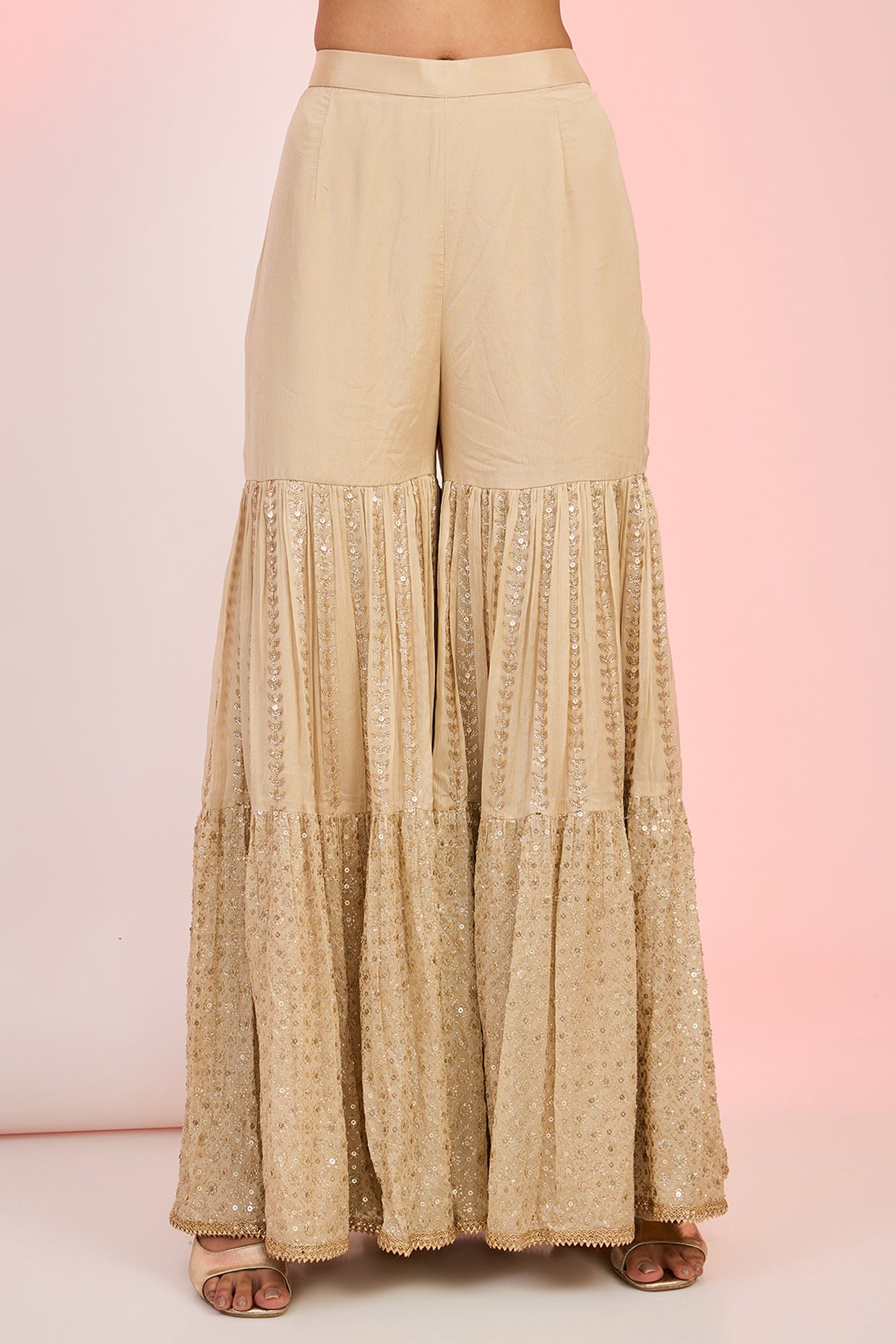 Fawn Chinon Sequin Embroidered Sharara Set for Party & Festive Wear