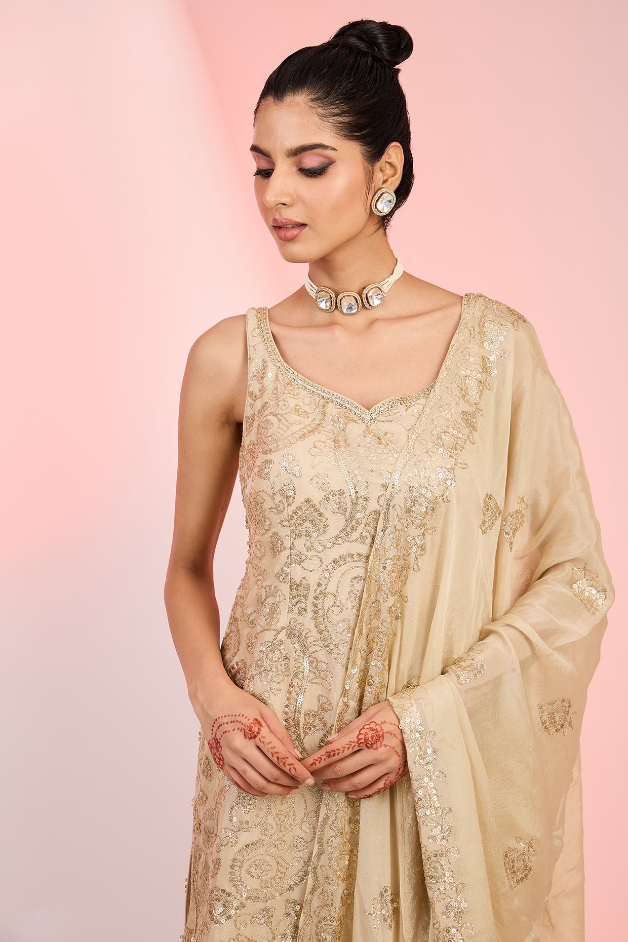 Fawn Chinon Sequin Embroidered Sharara Set for Party & Festive Wear