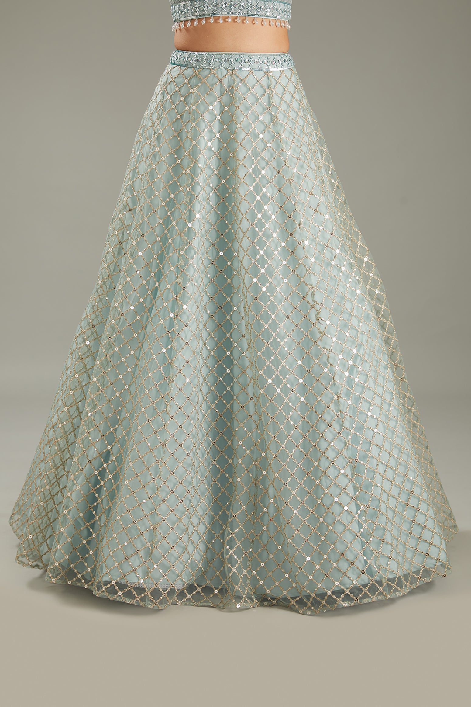 Sky Blue Net Zari Embroidered Lehenga Set