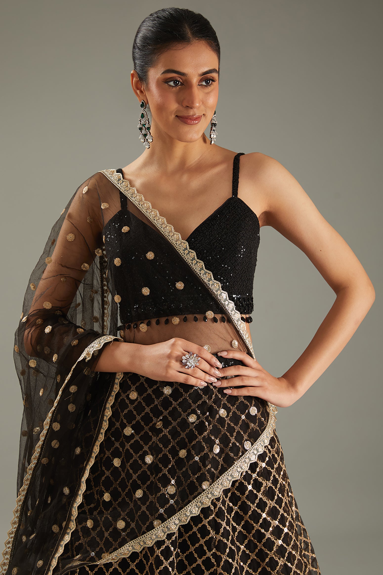 Black Net Zari Embroidered Lehenga Set