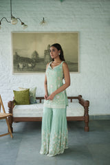 Ice Blue Tissue V-neck Embroidered Kurta Gharara Set