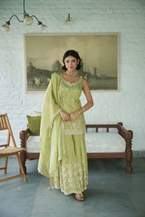 Sage green tissue V-neck Embroidered Kurta Gharara Set