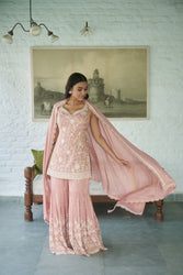 Pink Sweetheart Neck Floral Embroidered Kurta Gharara Set