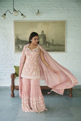 Pink Sweetheart Neck Floral Embroidered Kurta Gharara Set