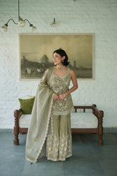 Grey Tissue V-neck, Yes Embroidered Kurta Gharara Set