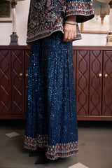 Blue V-neck Embroidered Kurta Sharara Set